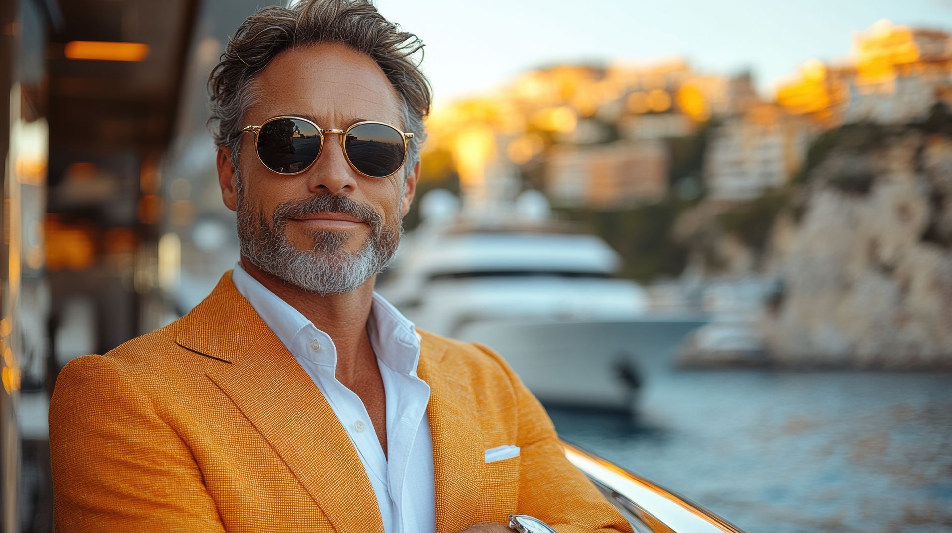 superyacht owner stands proudly on deck with second superyacht and coastal town in the background