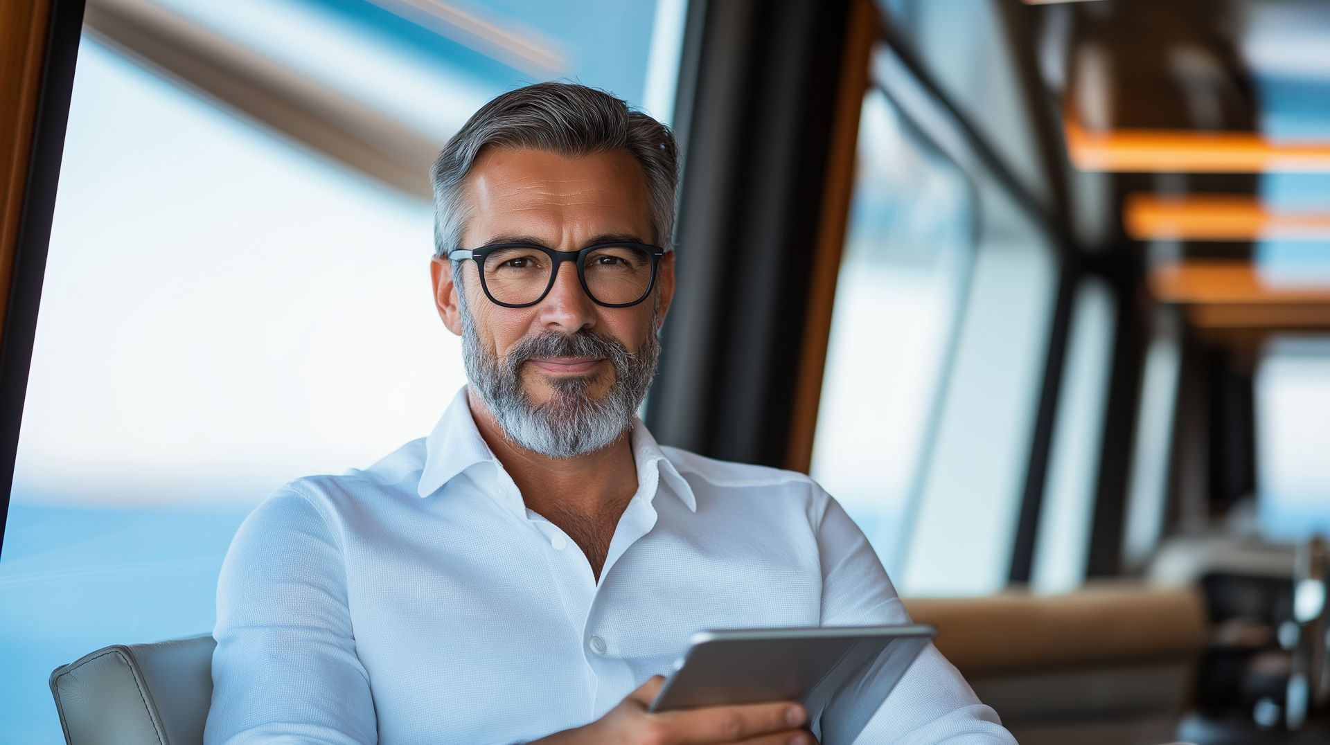 superyacht owner stands proudly on deck with second superyacht and coastal town in the background