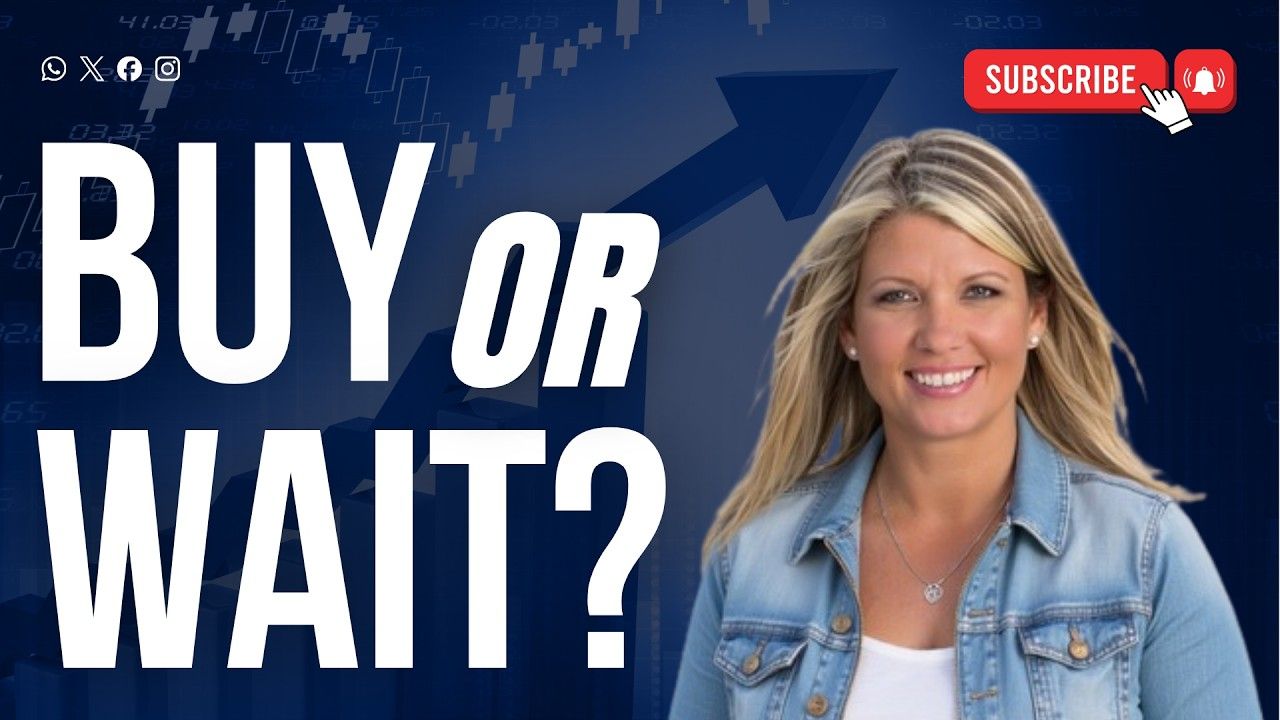 Blue thumbnail with “BUY OR WAIT?” text, a smiling woman in a denim jacket, and a red Subscribe button.
