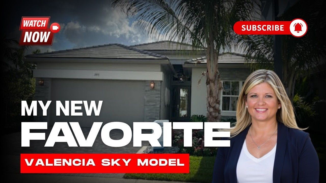 Thumbnail with woman beside house, bold text “MY NEW FAVORITE” and “Valencia Sky Model”