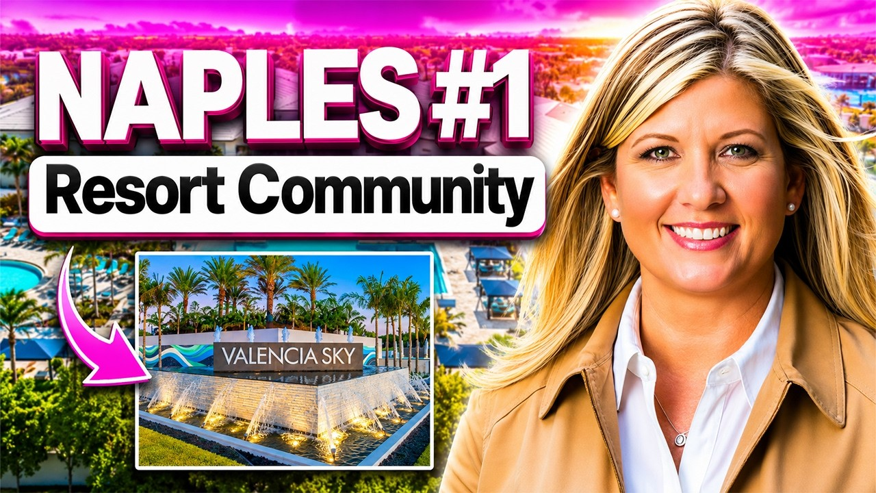 “Naples #1 Resort Community” graphic with a smiling woman and a luxury resort entrance scene