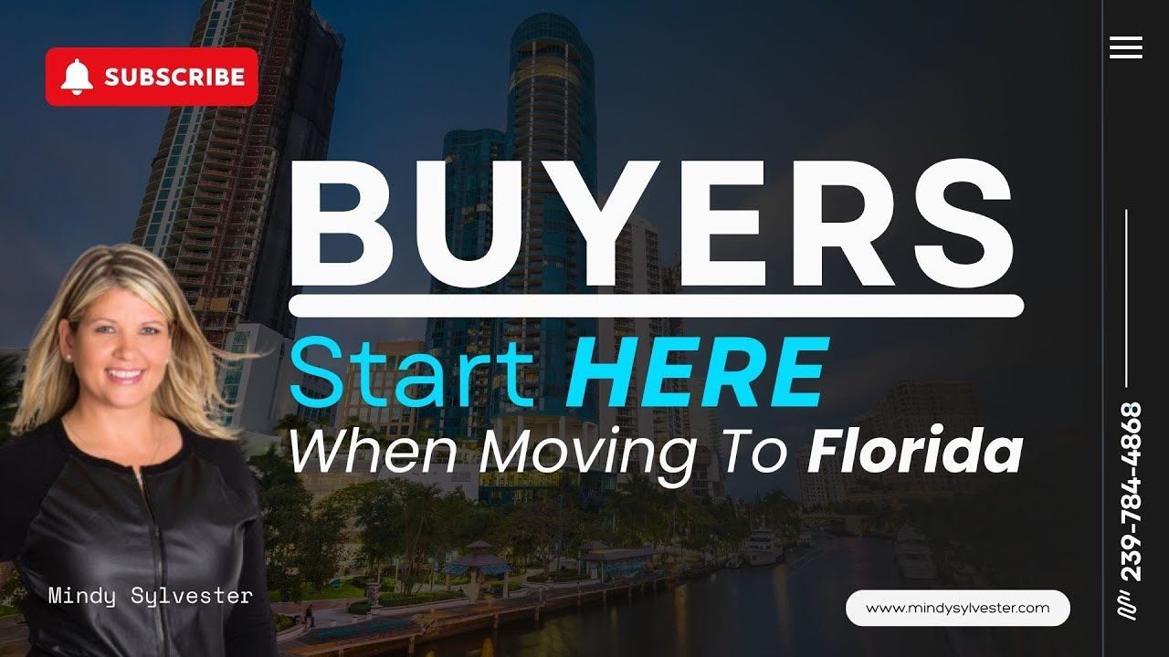 A real estate advertisement with a professional woman, a Florida cityscape background, and text reading 