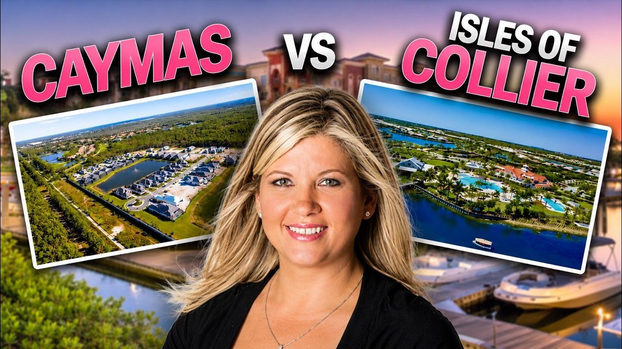 Caymas vs Isles of Collier thumbnail with smiling woman and aerial neighborhood views