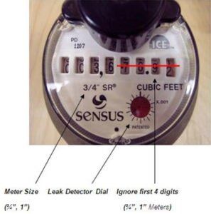 A close up of a sensus water meter showing the meter size leak detector dial and ignore first 4 digits