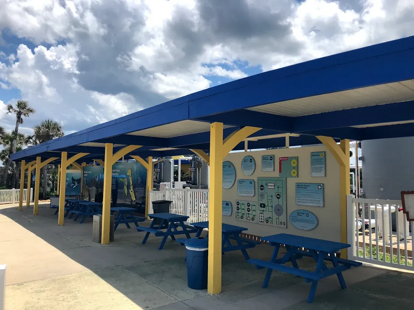 A row of blue and yellow picnic tables under a blue roof.