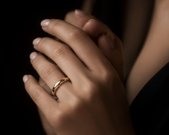 Mani giunte con un anello d'oro al dito, su uno sfondo scuro.