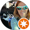 A woman wearing sunglasses is in a circle with an orange star.