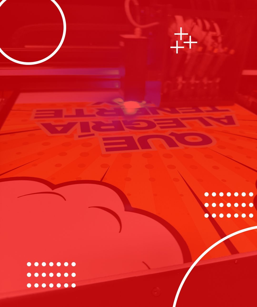 Printing a comic book style design with text in red on a flatbed printer.