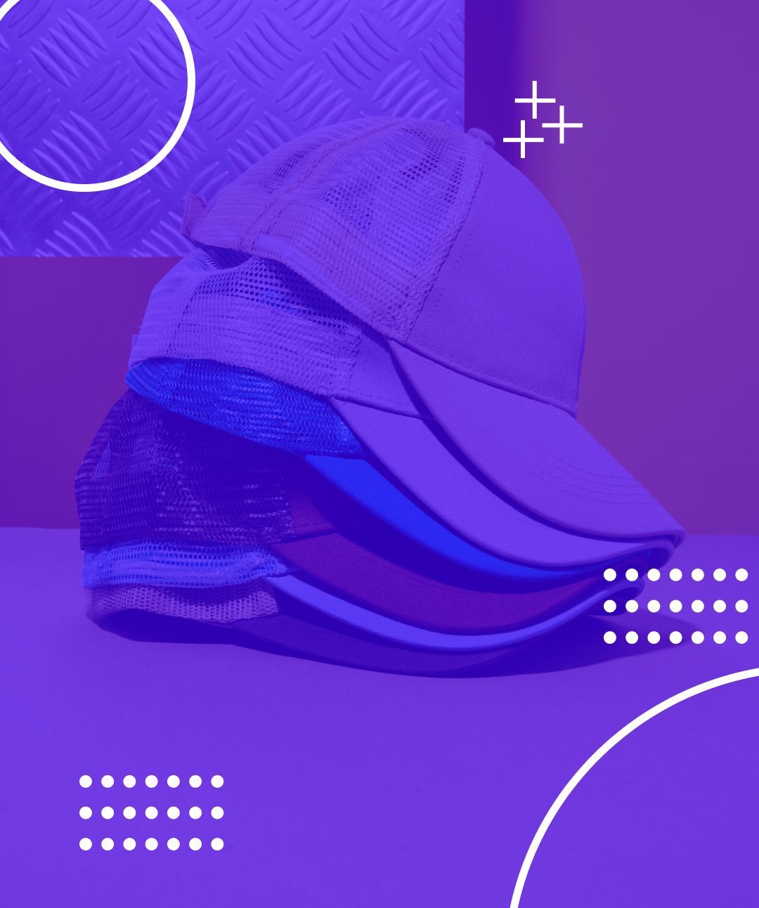 Stack of colorful baseball caps on a purple background, graphic shapes.