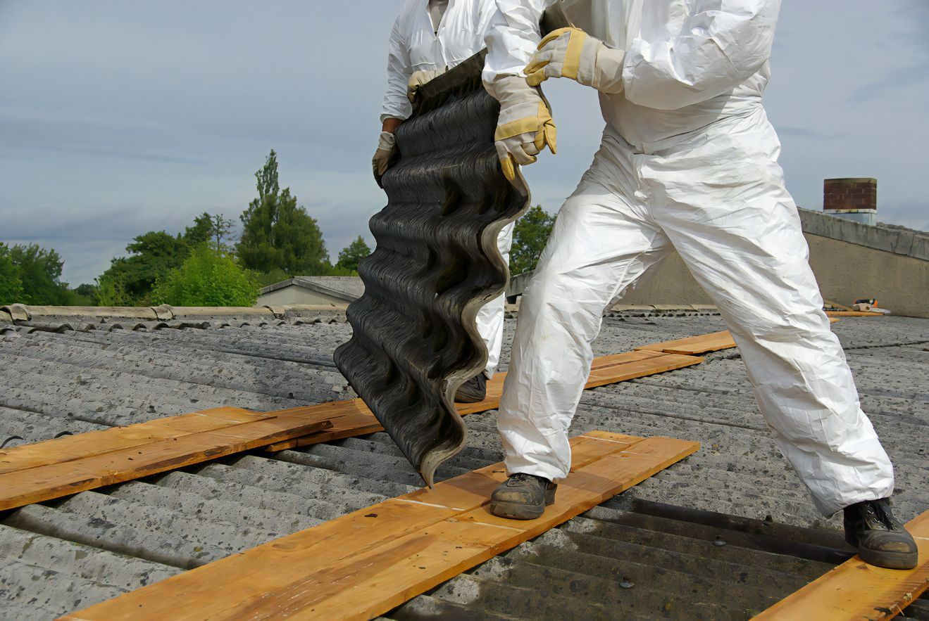 Men In Protective Suit Removing Asbestos Roof — Roofing in Sunshine Coast, QLD