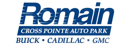 Romain Cross Pointe Auto Park logo with Buick, Cadillac and GMC brands in blue and white