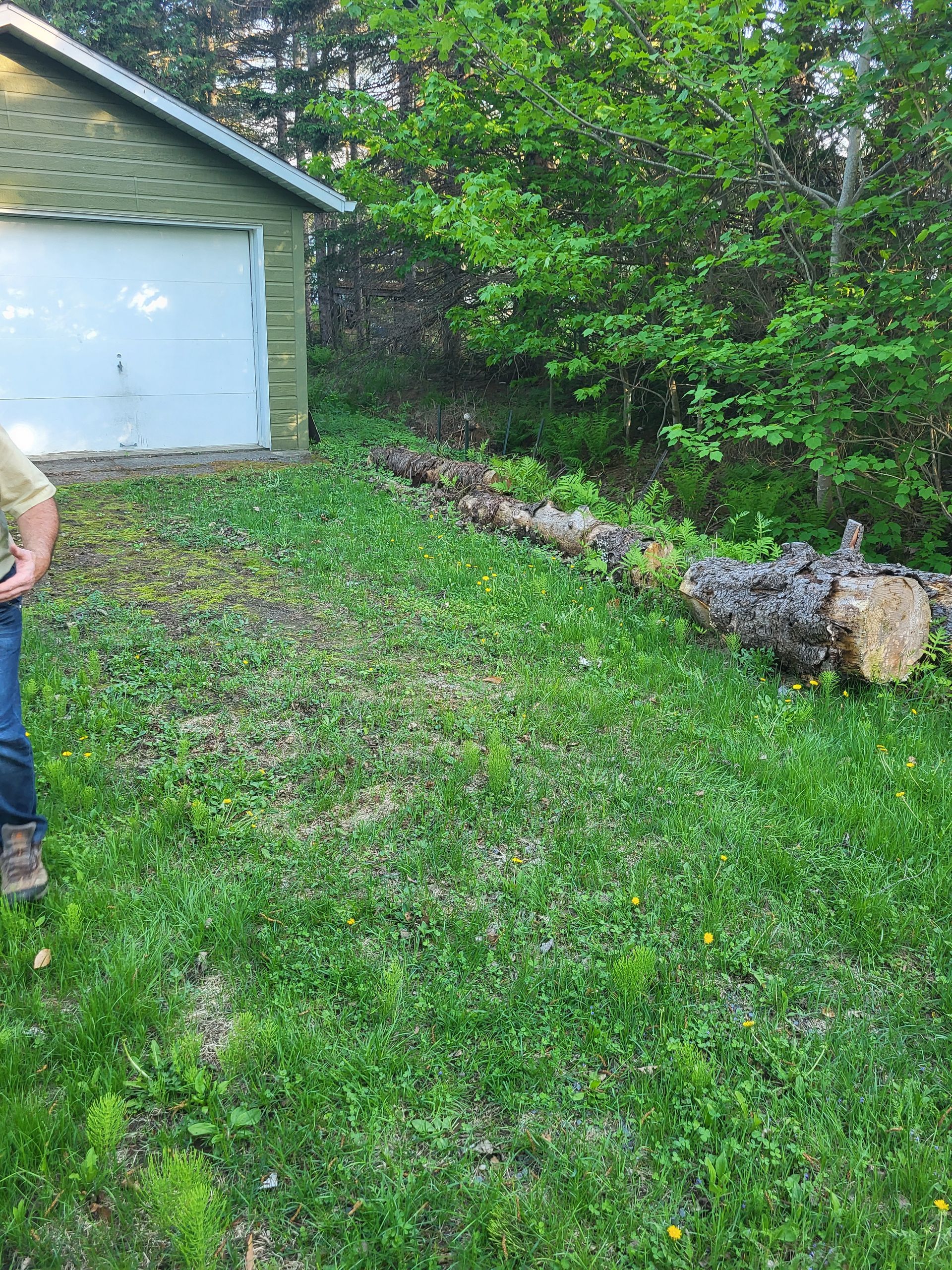 Un homme se tient debout dans l'herbe devant un garage.