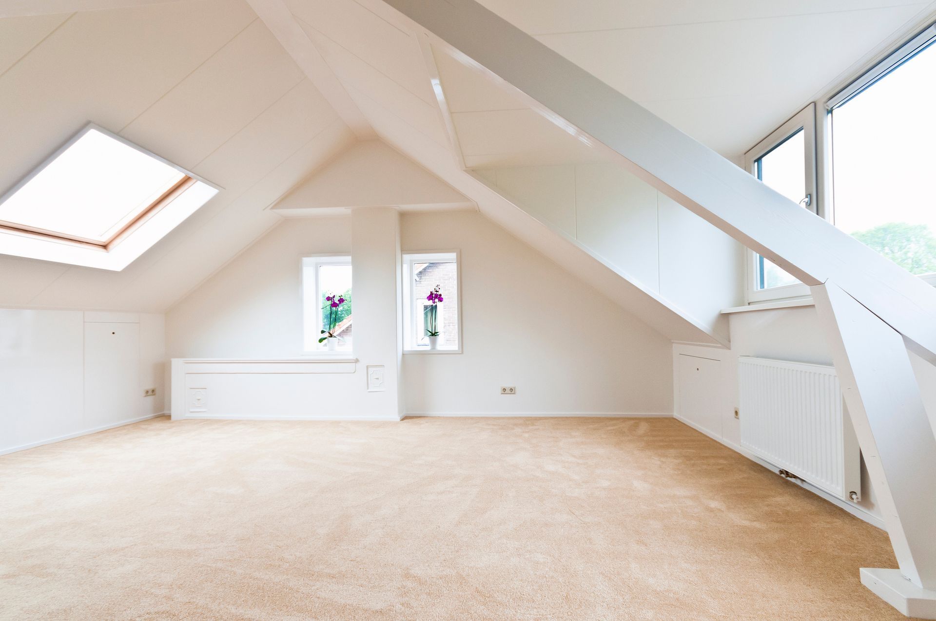 An empty attic with a skylight and carpet