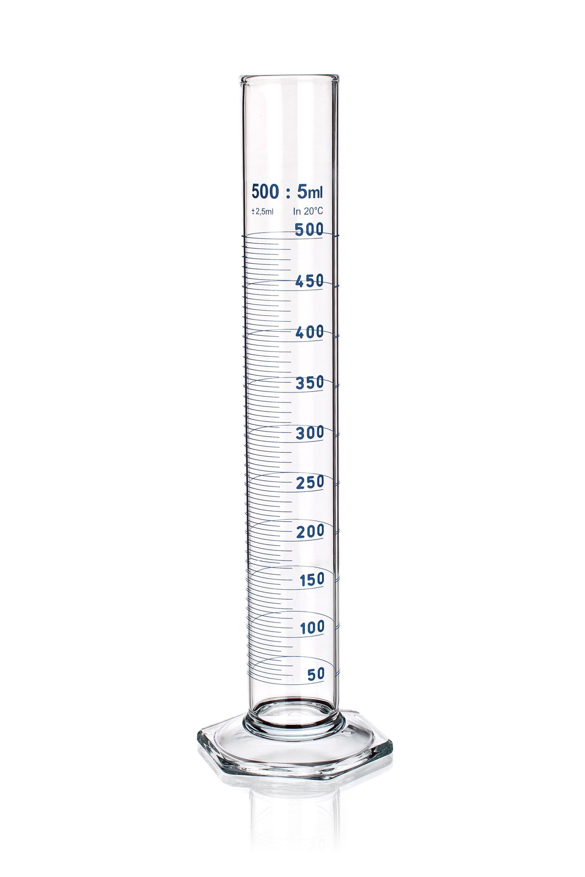 A clear glass measuring cylinder with blue markings on a white background.