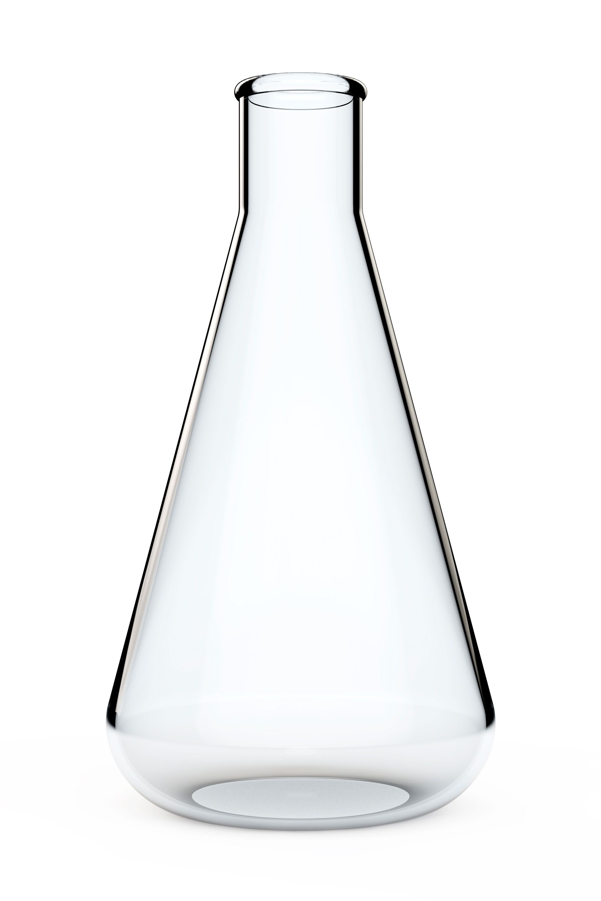 An empty glass beaker on a white background