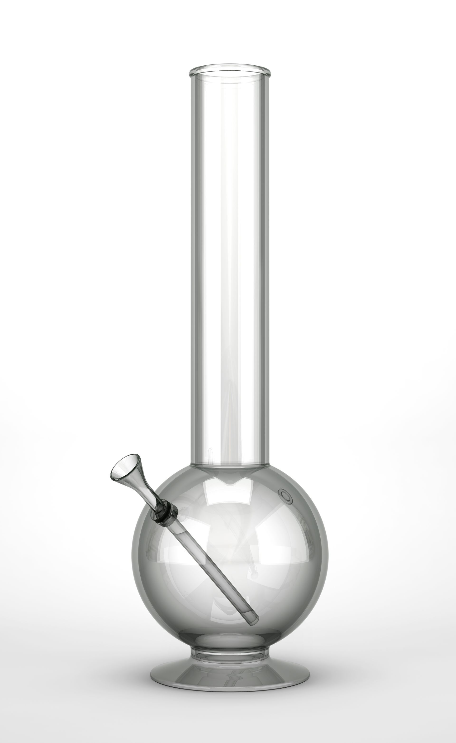 A clear glass funnel with a long handle on a white background.