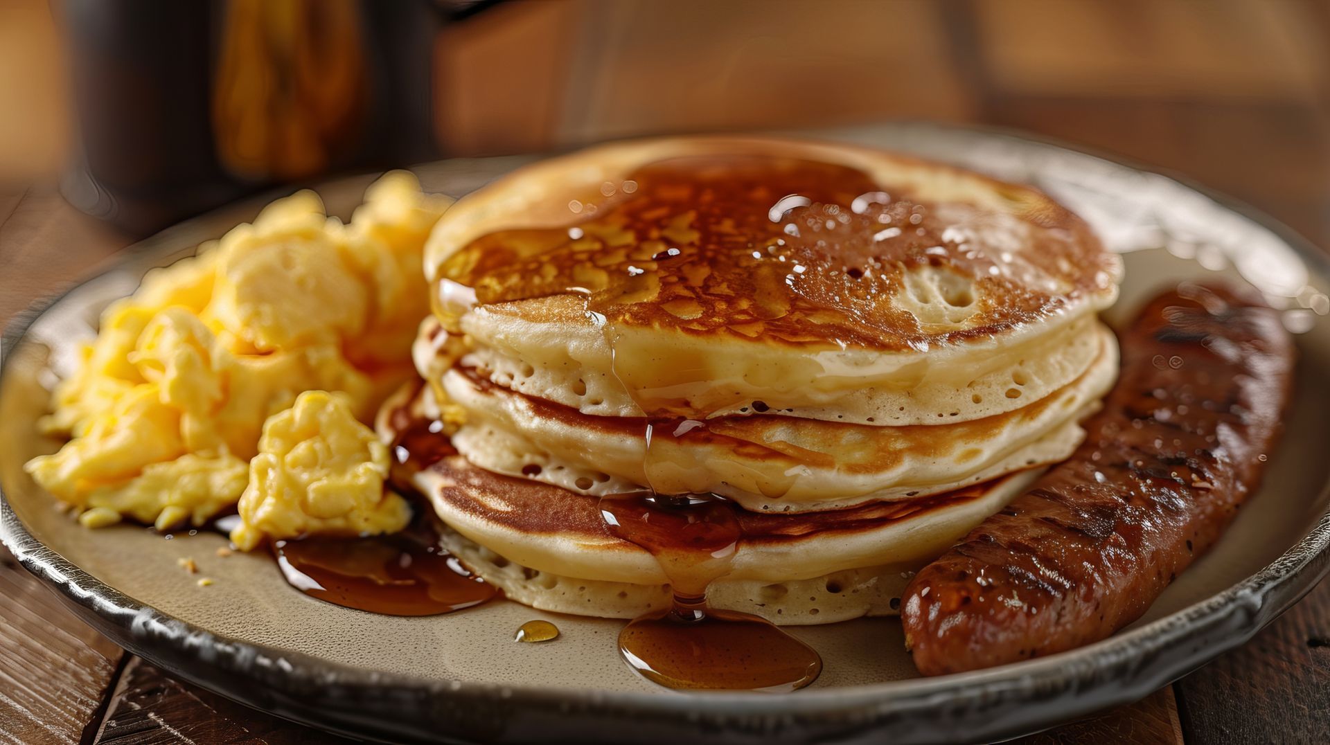 Stack of pancakes with syrup, scrambled eggs, and sausage on a plate.