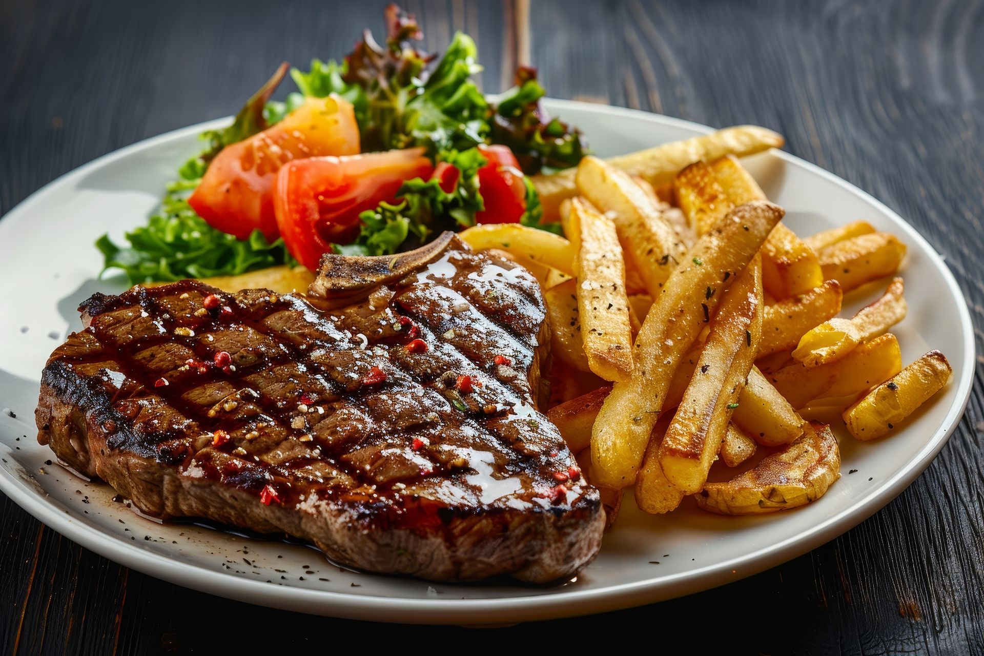 Grilled steak with fries and salad on a plate.