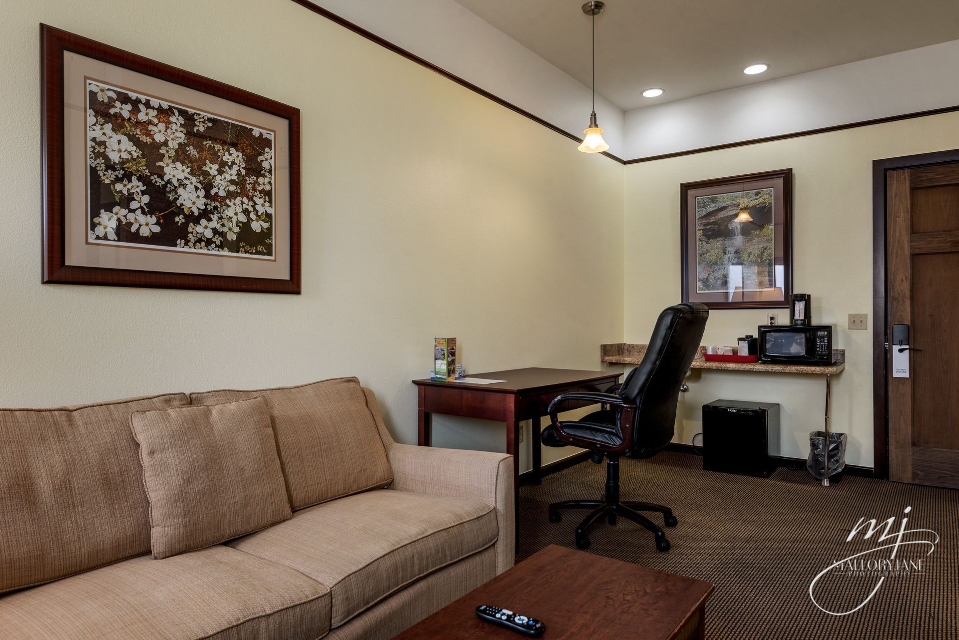 Hotel room with sofa, desk, microwave, and artwork.