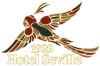 Logo: Stylized bird with outstretched wings, Hotel Seville, gold lettering, 1929.
