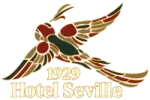 Logo: Stylized bird with outstretched wings, Hotel Seville, gold lettering, 1929.