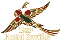 Logo: Stylized bird with outstretched wings, Hotel Seville, gold lettering, 1929.