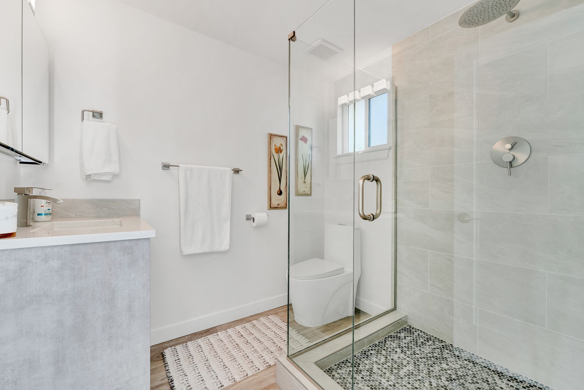 A bathroom with a walk in shower , toilet and sink.