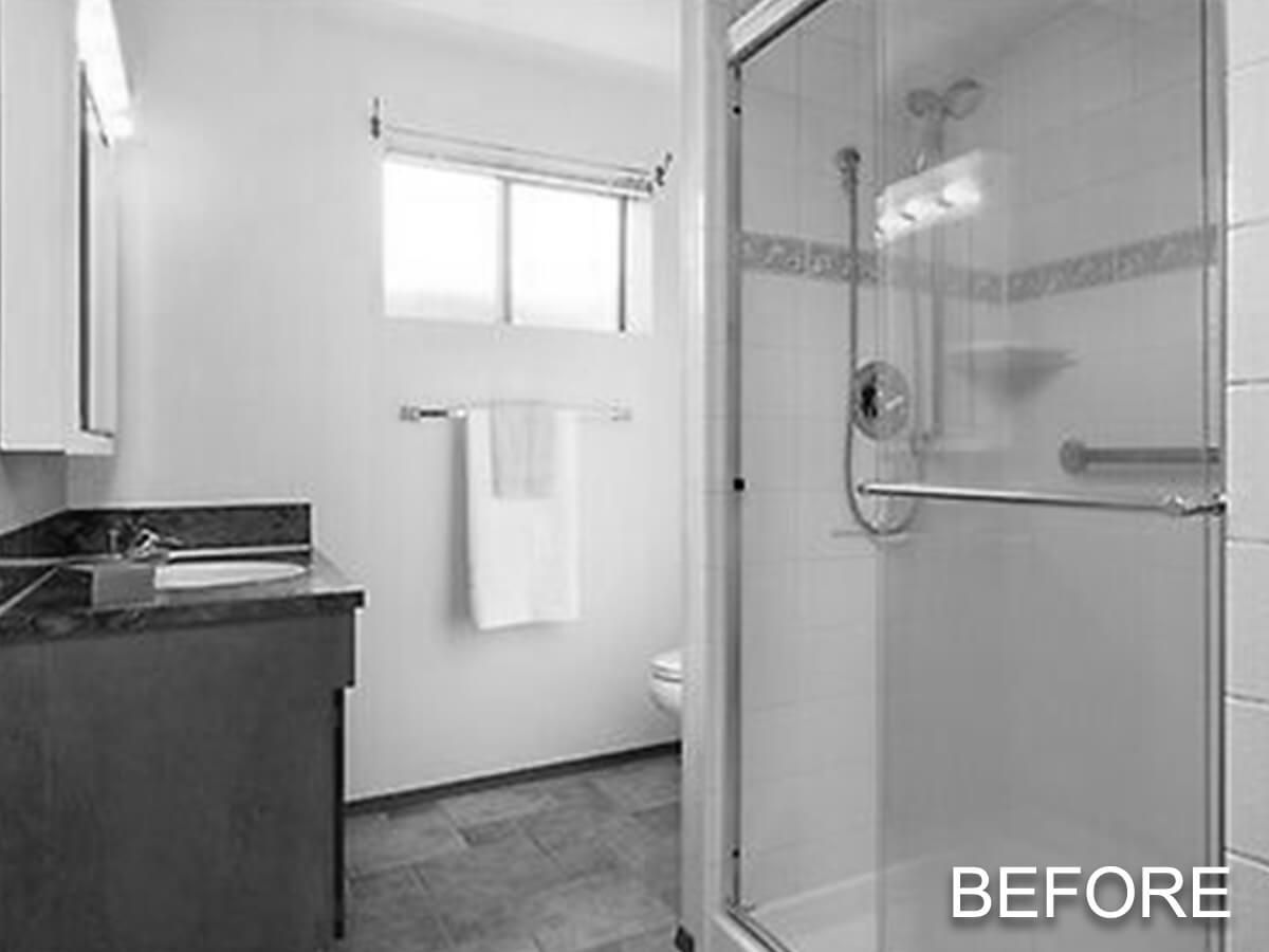 a before and after photo of a bathroom and laundry room