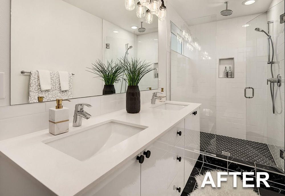 a before and after photo of a bathroom and laundry room