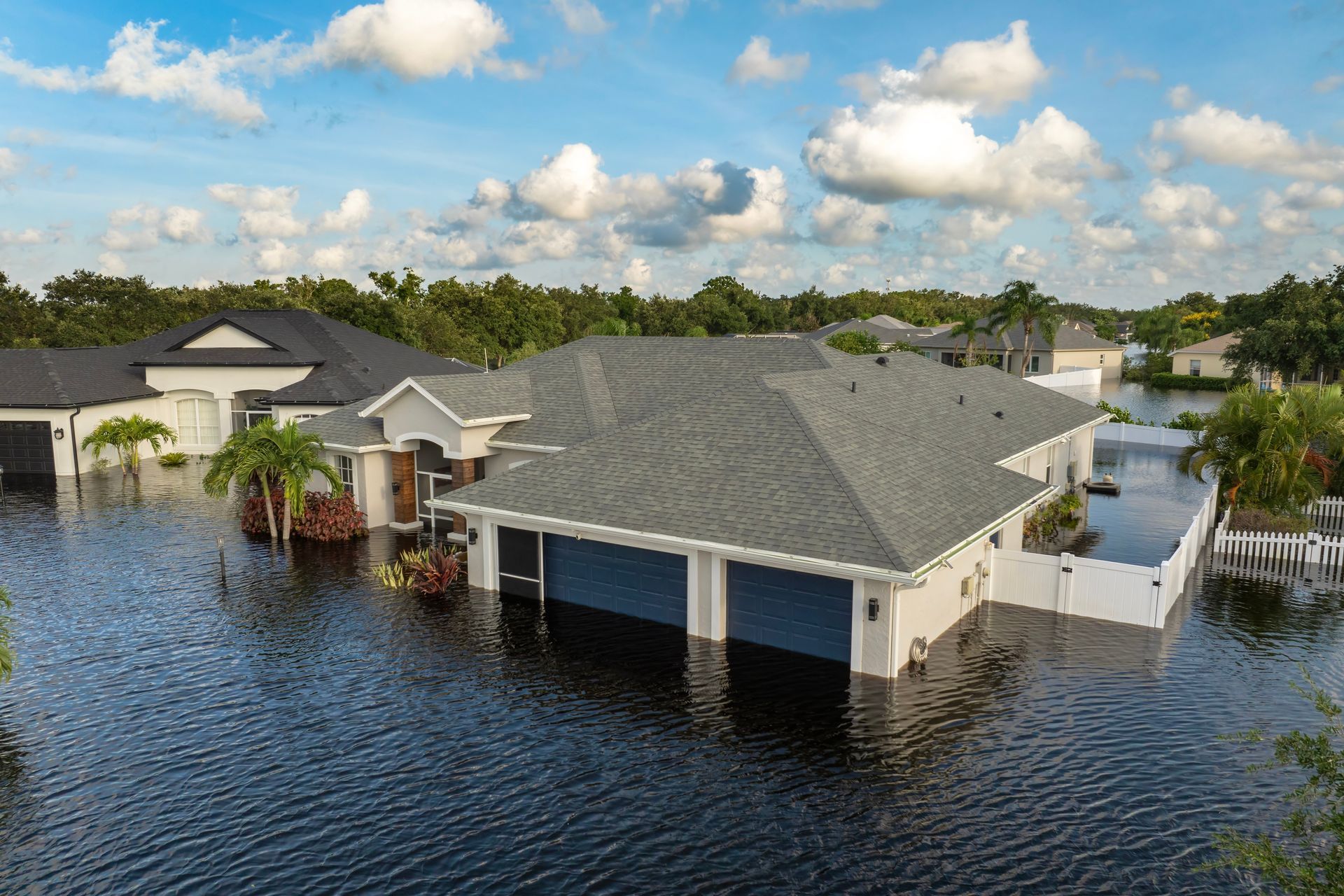 An aerial view of a flooded neighborhood with a house surrounded by water.