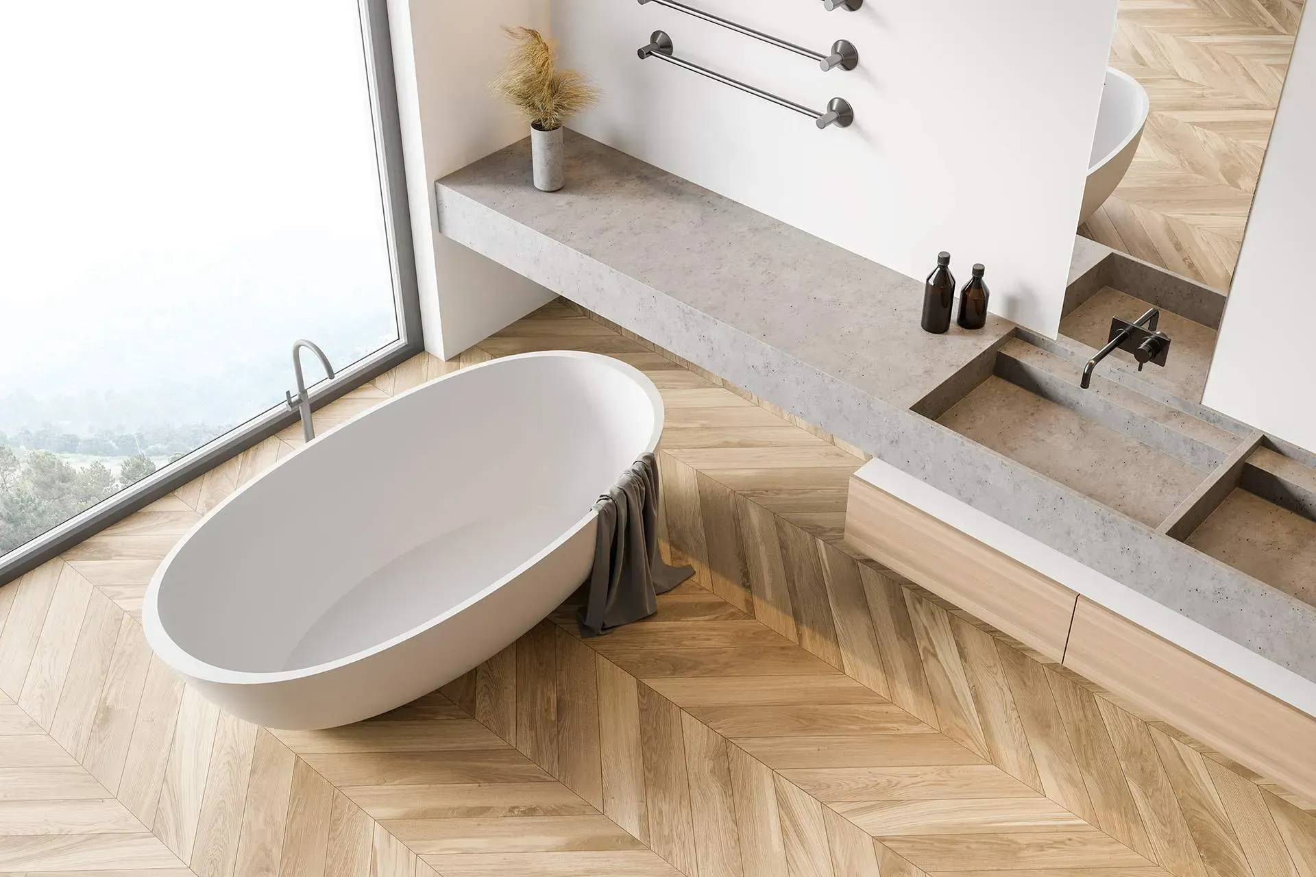 a bathroom with two sinks and a large window