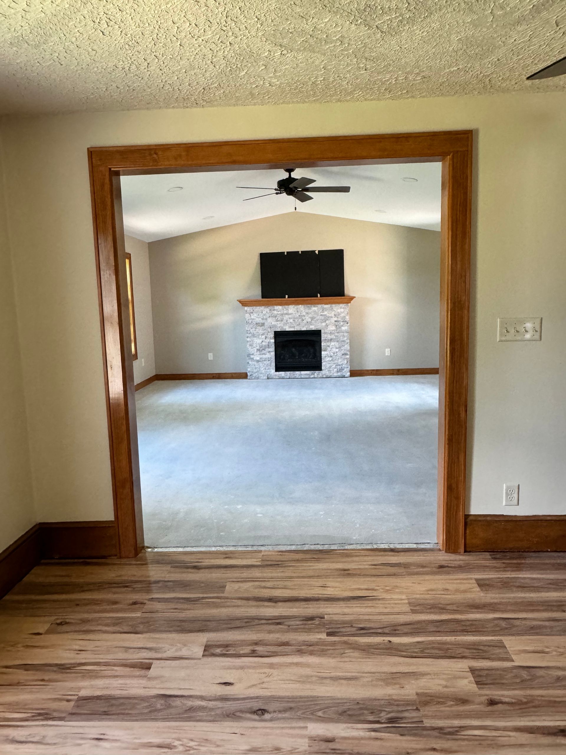 Interior view through an opening, showing living room with fireplace and TV, wood trim.