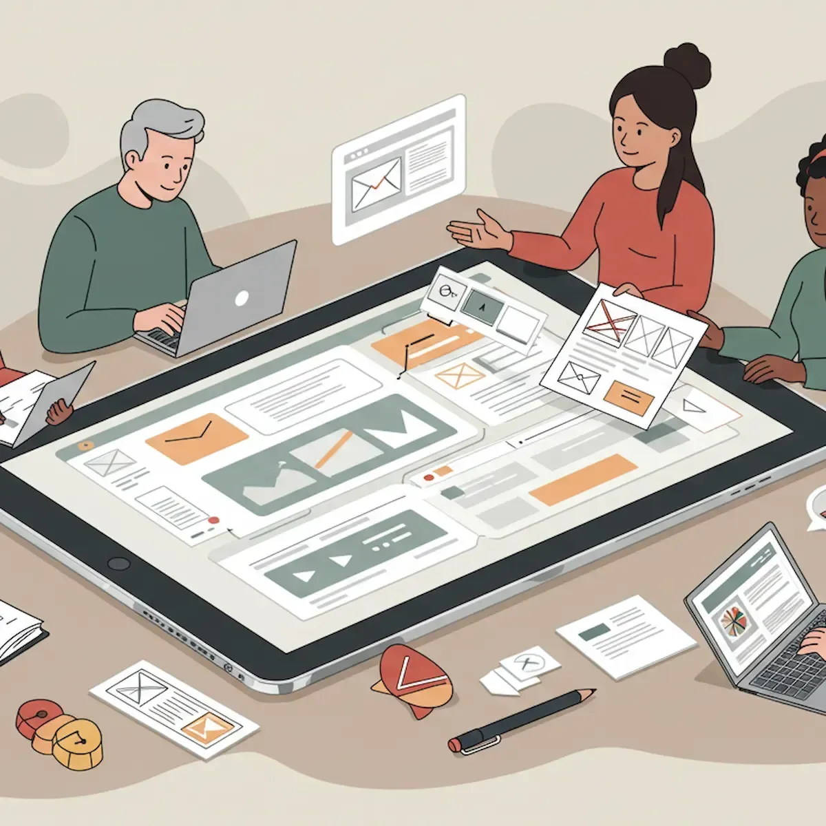 A group of people collaborating around a tablet showcasing a website being built.