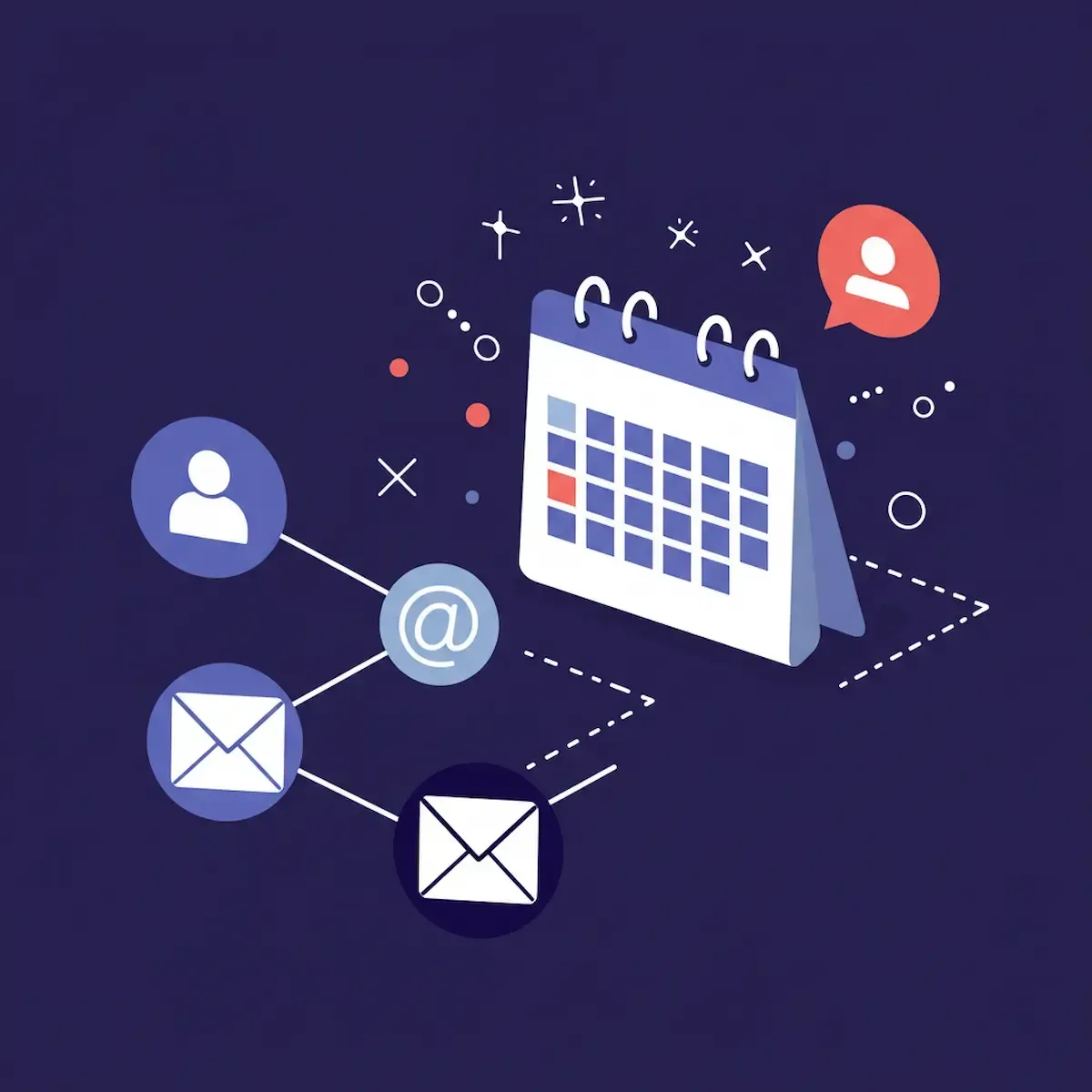 An abstract illustration on a dark blue background depicts a calendar with a highlighted red square, suggesting a specific date or event. The calendar is connected by dotted lines to various communication icons, including email envelopes, an