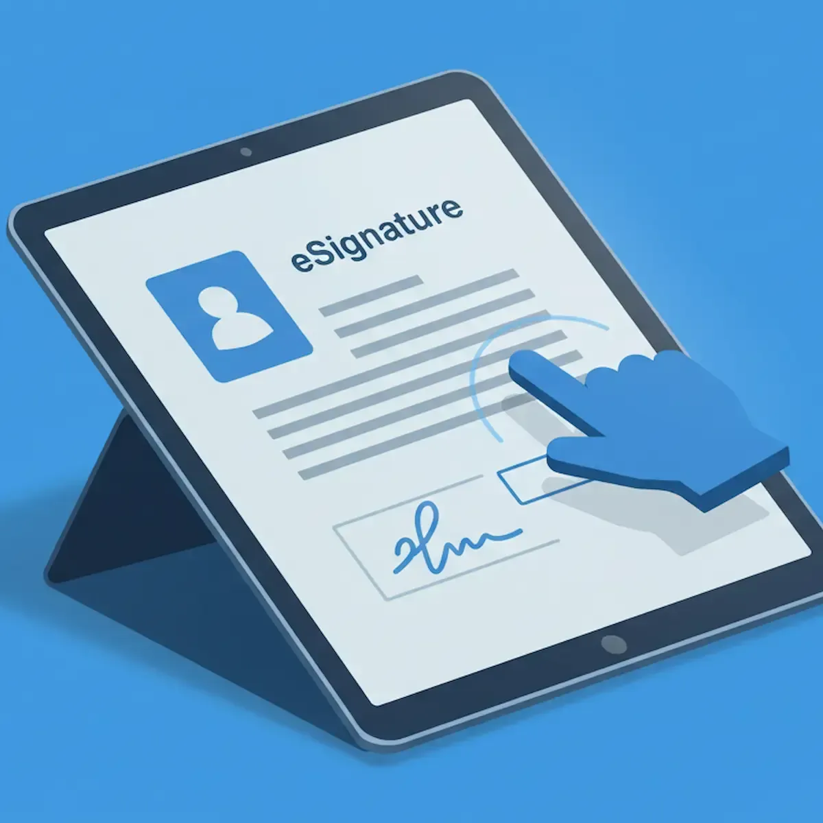 A tablet displays a document with the word