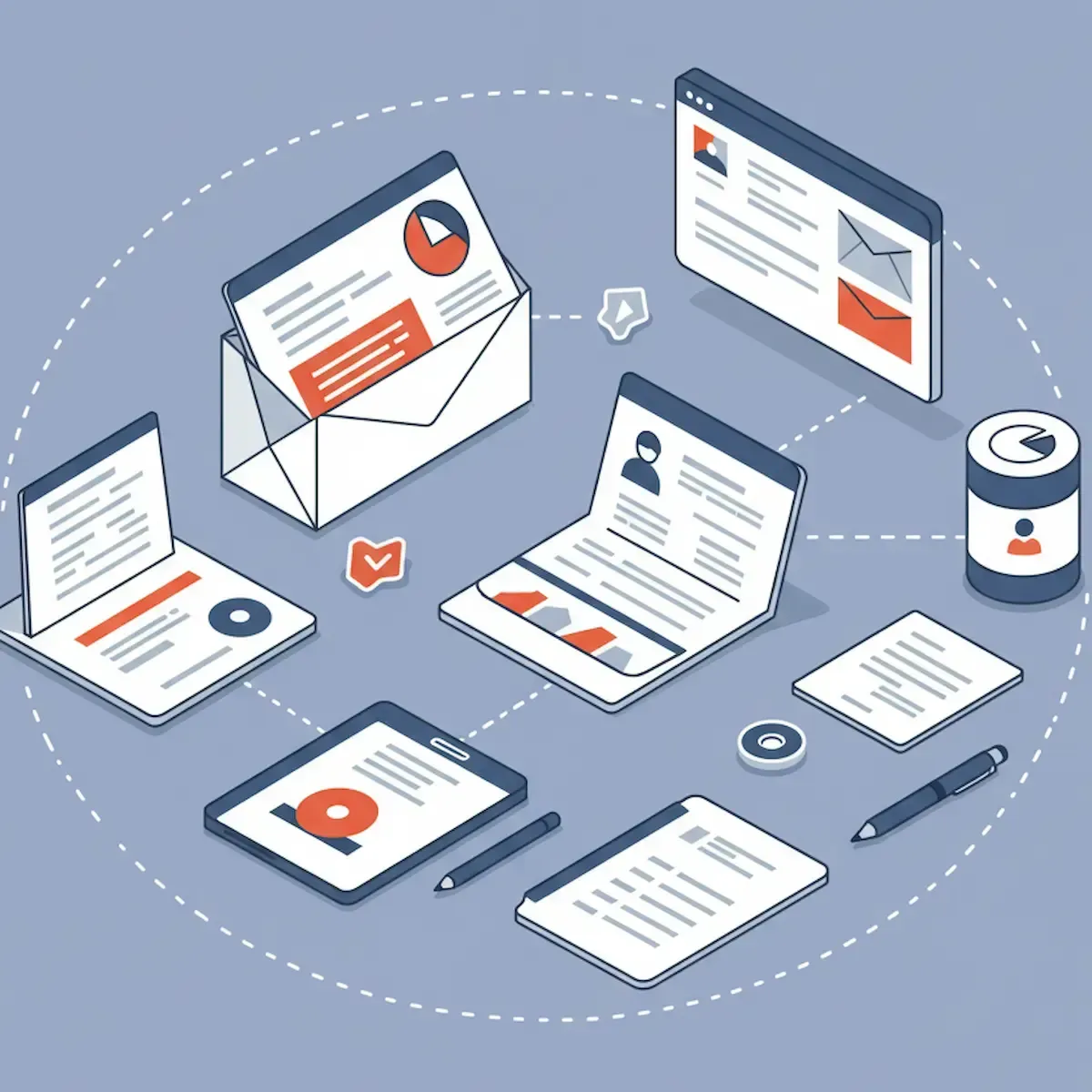 Graphic showing different stages of an online interaction, possibly a survey. A Gmail interface is visible on a desktop screen, alongside a survey form on a laptop, a tablet displaying a pie chart, and scattered documents and a pen.