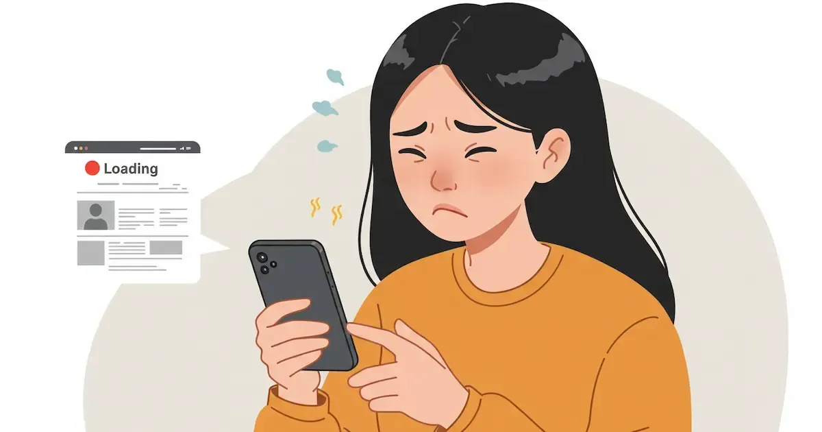 A person looking frustrated while waiting for a website to load on their phone.