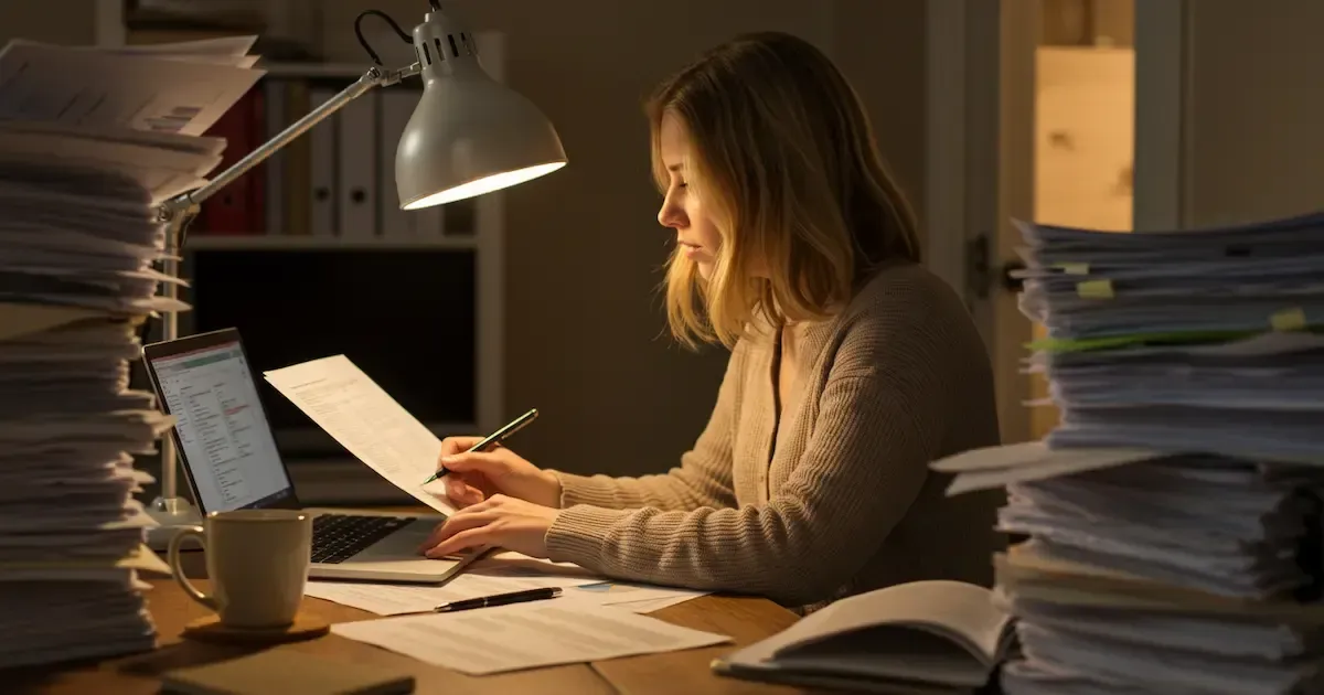 A person sitting at a desk with a laptop open, surrounded by piles of papers and a cup of coffee.