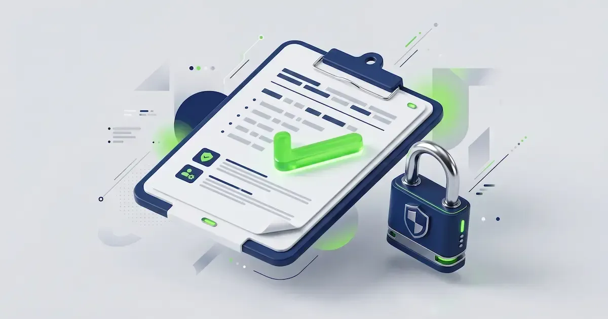 A 3D illustration of a secure digital policy clipboard with a green checkmark.