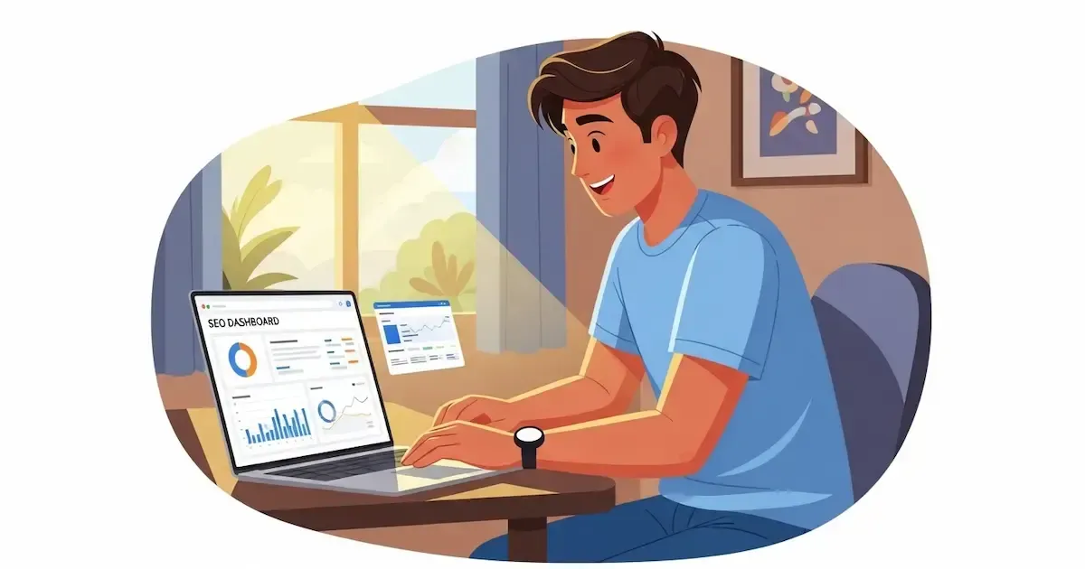 A smiling person in a blue shirt looks at an SEO dashboard on a laptop.