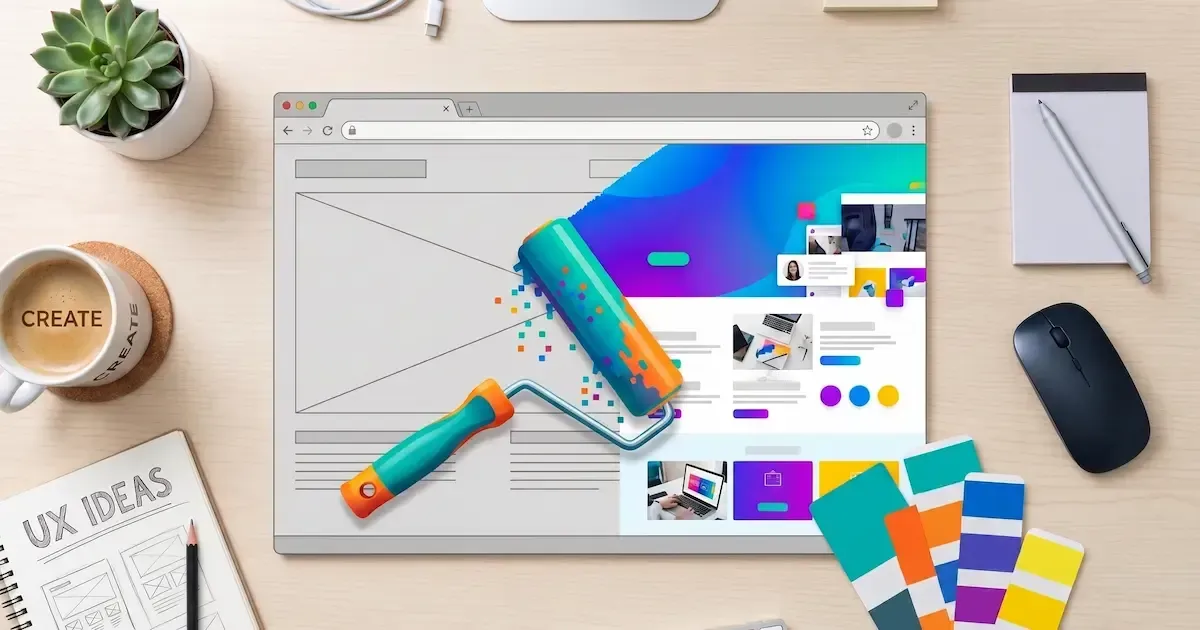 Paint roller adding vibrant colors to a website wireframe on a screen, surrounded by UX notes and co