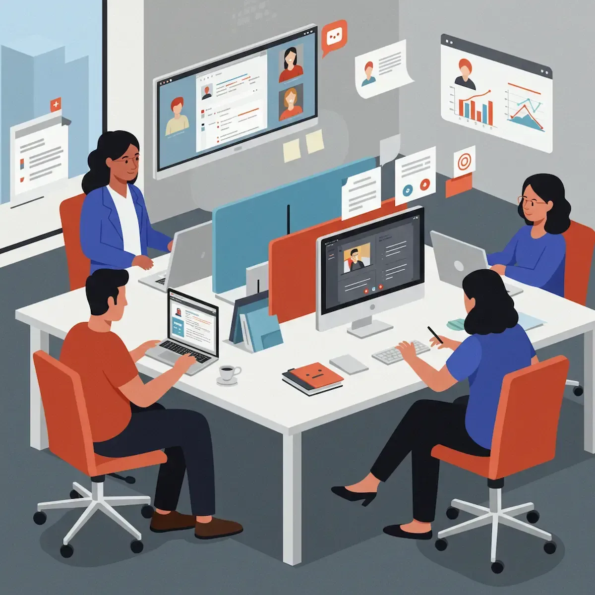 A brightly lit, isometric view of four professionals collaborating around a large white table in a modern office setting, suggesting the idea to work smarter. Two individuals on the left side of the table face their laptops, one in an orange shirt and the other in a blue blazer. Across from them, two more individuals are engaged with their computers; one in a blue shirt looks at a screen displaying graphs and data, while the other, with a teal top, appears to be taking notes.
Various digital interfaces float around the table, illustrating aspects of their work. A large screen on the wall displays a Google Meet call with four participants. To the left, a digital document with a plus sign suggests project management or task tracking. Above the person in the teal top, a screen shows a profile with data visualizations, possibly representing performance metrics. A chat bubble and an email icon further emphasize digital communication and information sharing, all contributing to the theme of a more efficient and intelligent way to work.
