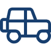 A blue icon of a car on a white background.