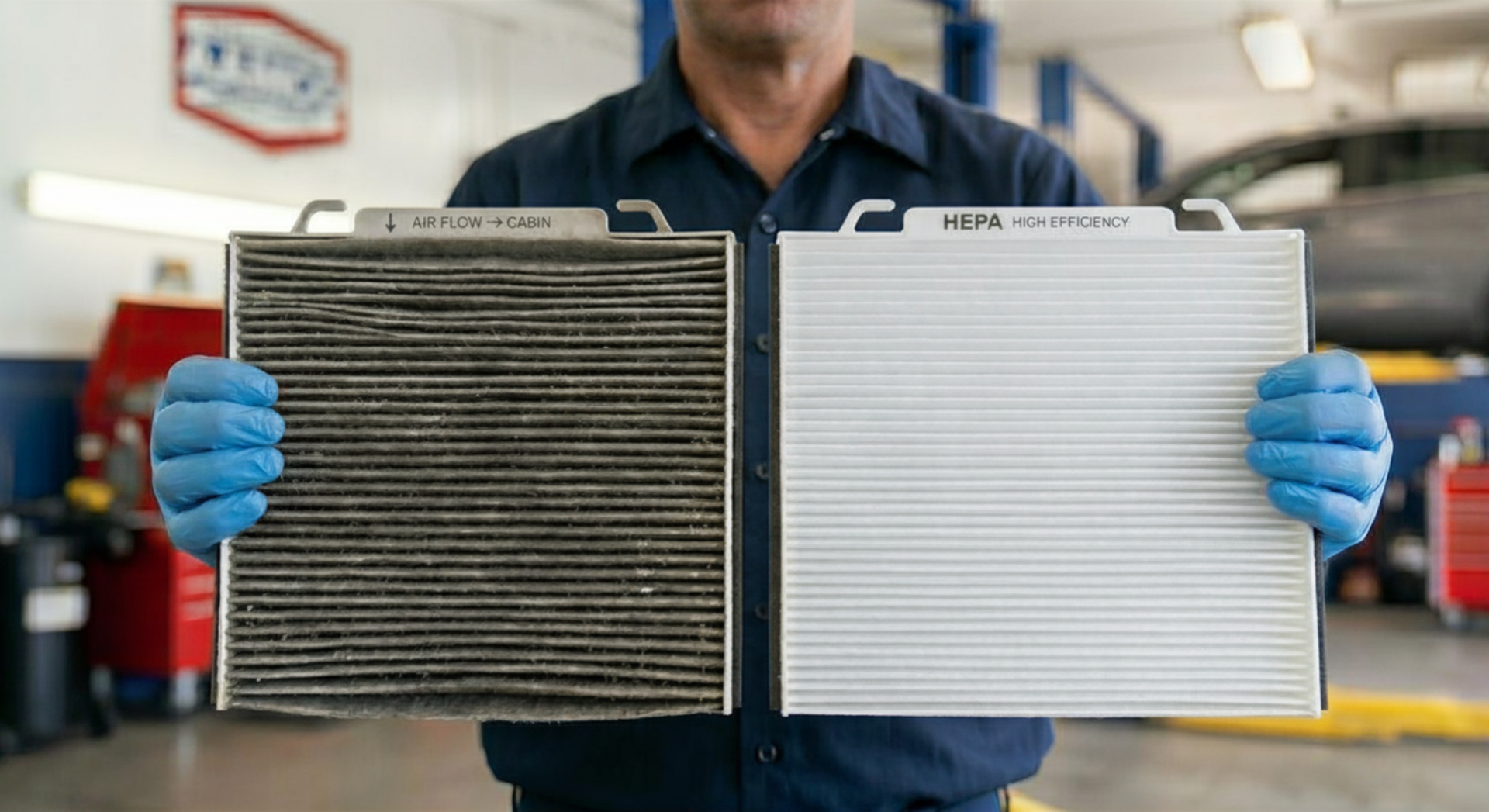 Mechanic holding a dirty used cabin air filter beside a clean new one in a workshop