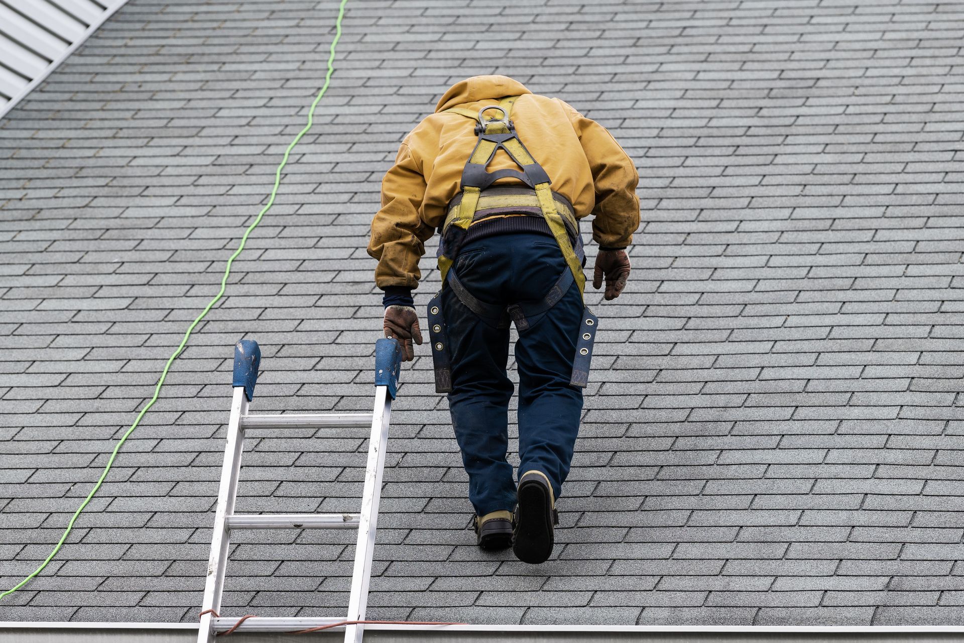 A roofer checking an asphalt shingle roof during inspection.