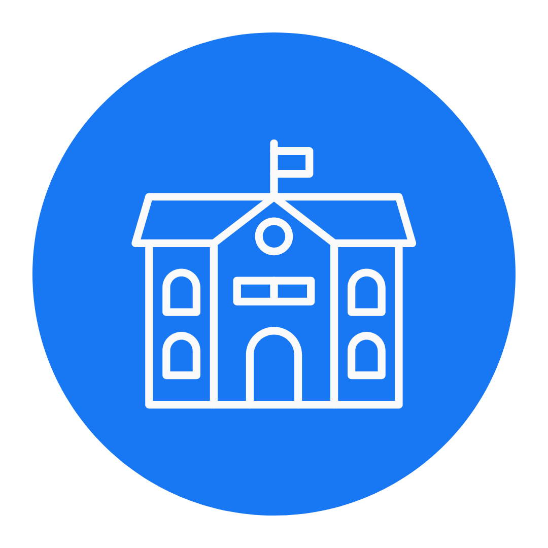 Um prédio escolar com uma bandeira em cima em um círculo azul.