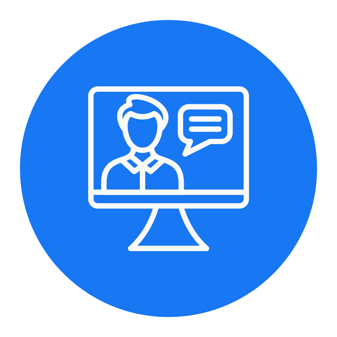 Um homem está falando na tela de um computador com um balão de fala.