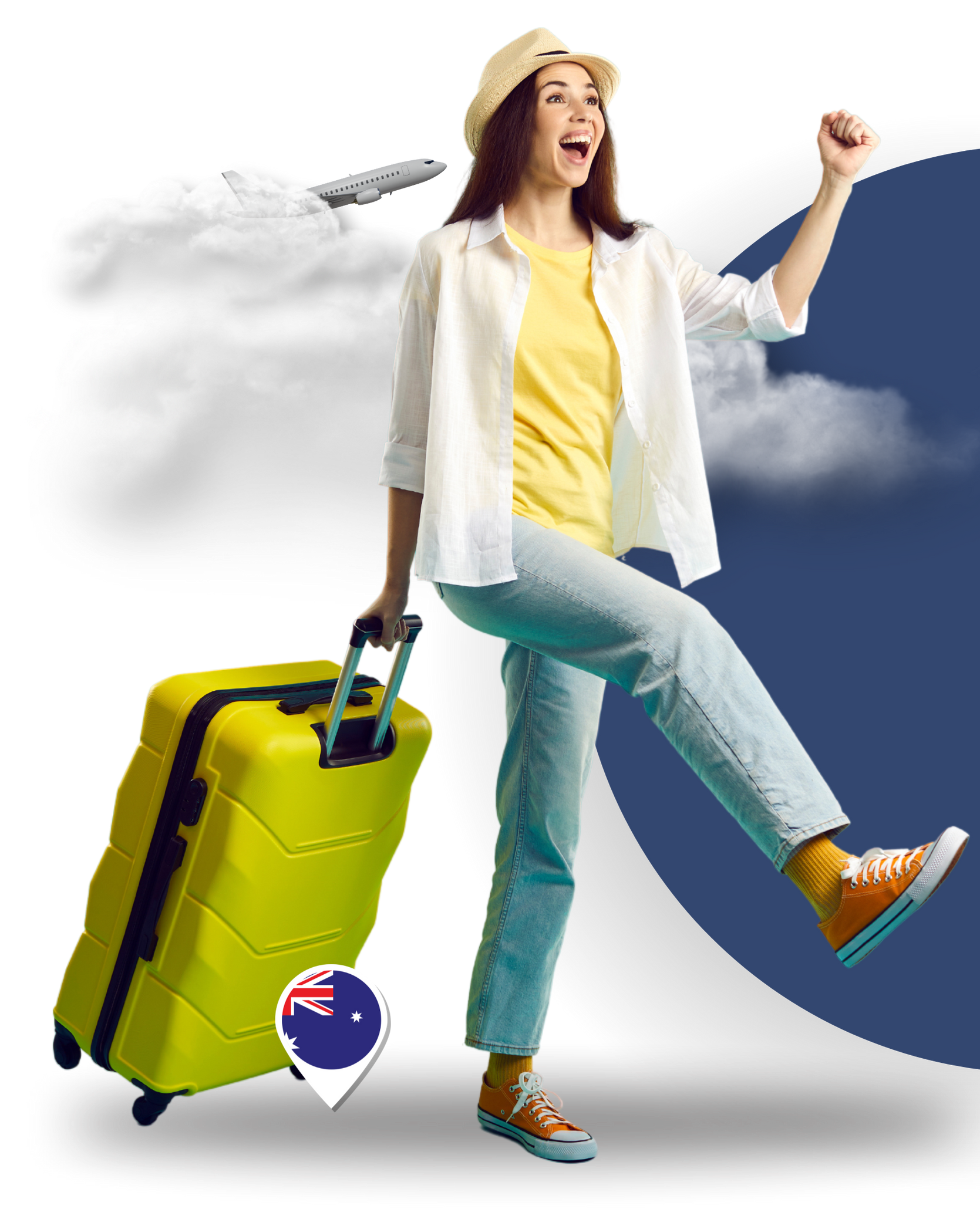 Uma mulher está ao lado de uma mala amarela.