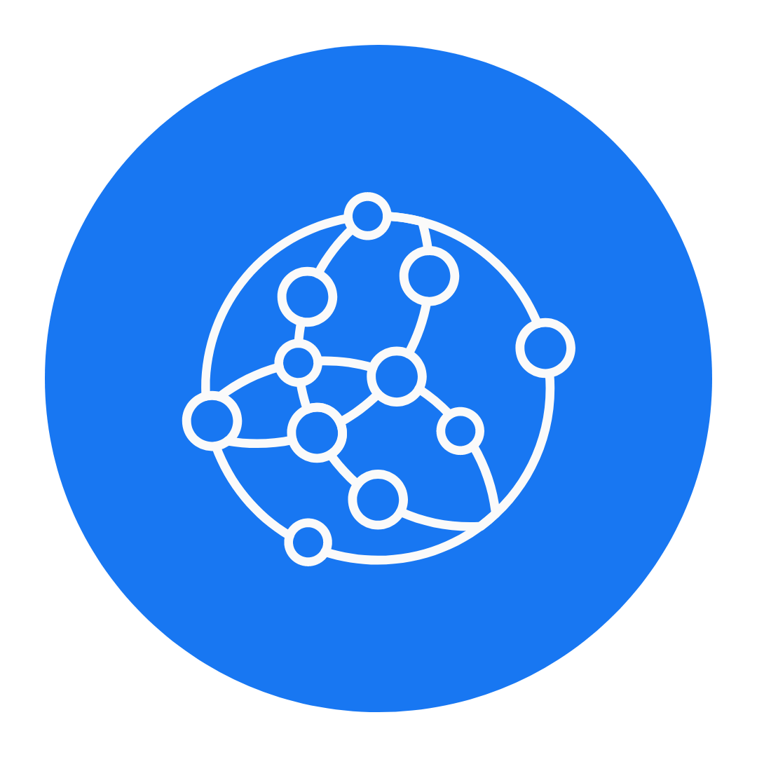 Um círculo azul com um ícone branco de um globo cercado por círculos.