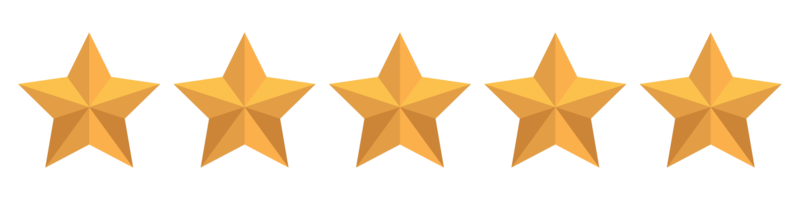 Cinco estrelas douradas estão alinhadas em uma fileira sobre um fundo branco.
